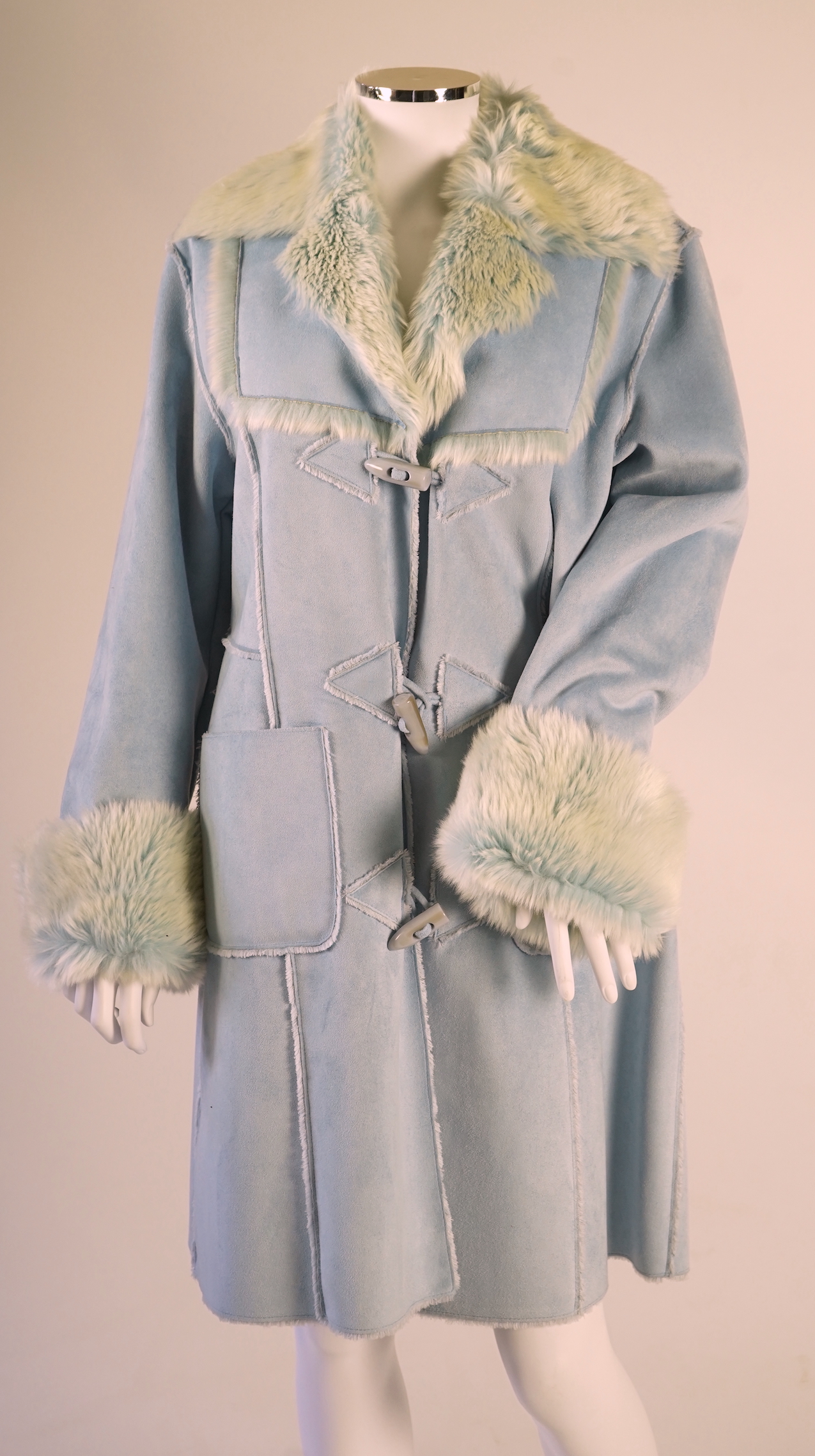 A lady's Chamonix faux sheepskin light blue duffle coat UK 12-14